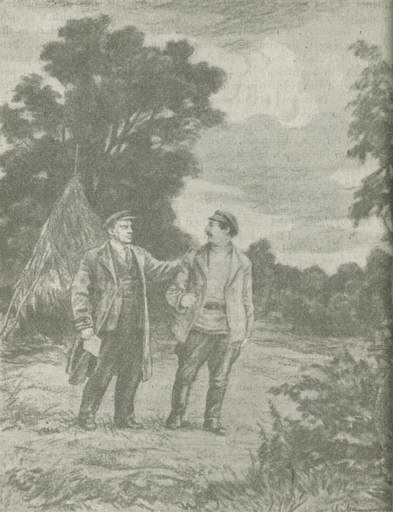 Illustration of V.I. Lenin and Sergo Orjonikidze in the woods