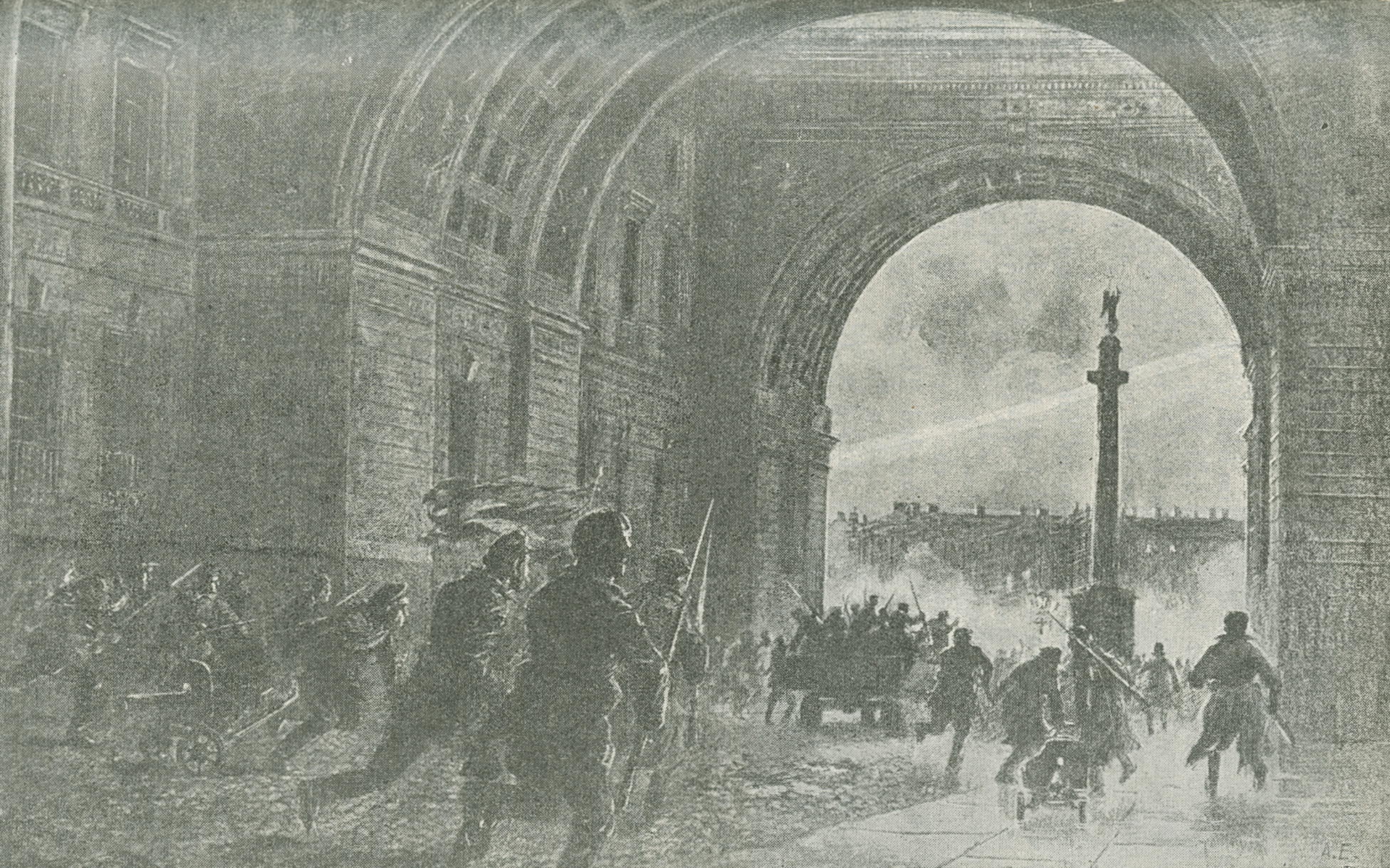 Excerpt from a drawing showing armed Red Guards and sailors storming the Winter Palace