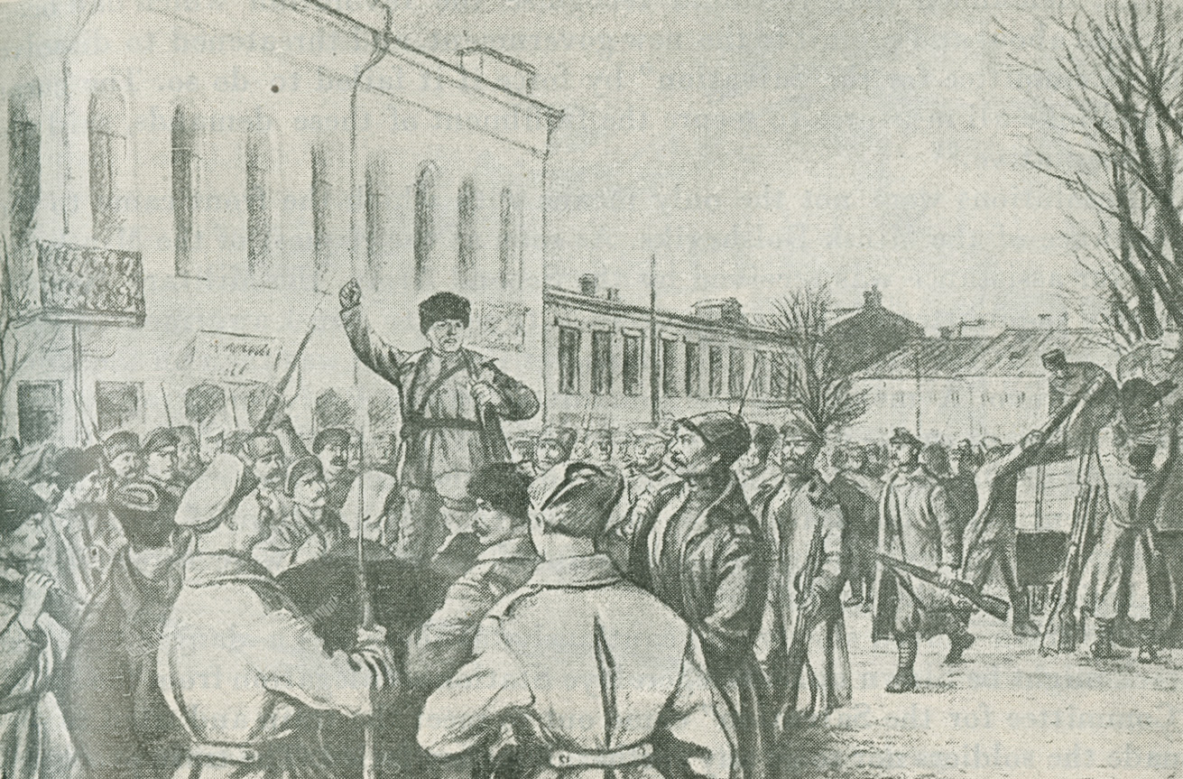 Illustration of Myasnikov standing in a plaza in front of a large building and speaking to soldiers from the 1st Revolutionary Minsk Soviet Regiment