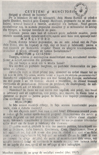 Manifest semnat de un grup de socialişti rom&acirc;ni (dec. 1917)